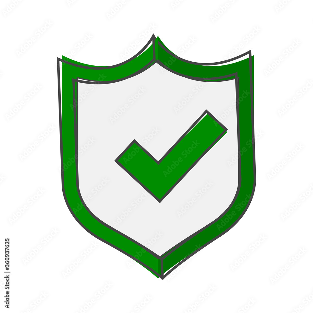 Vector illustration of green shield with tick and cross. Symbol of protection and reliability cartoon style on white isolated background. Vector illustration of green shield with tick and cross. Symbol of protection and reliability cartoon style on white isolated background.
