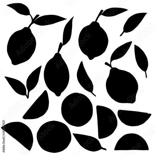 Black silhouette set of lemon citrus fruit whole halved and sliced with leaves flat vector illustration on white background