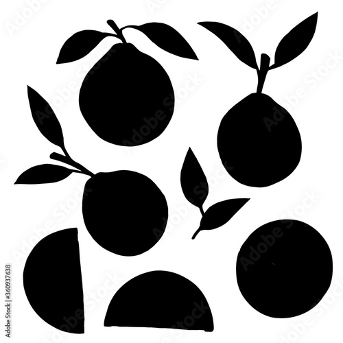 Black silhouette set of orange citrus fruit whole halved and sliced with leaves flat vector illustration on white background