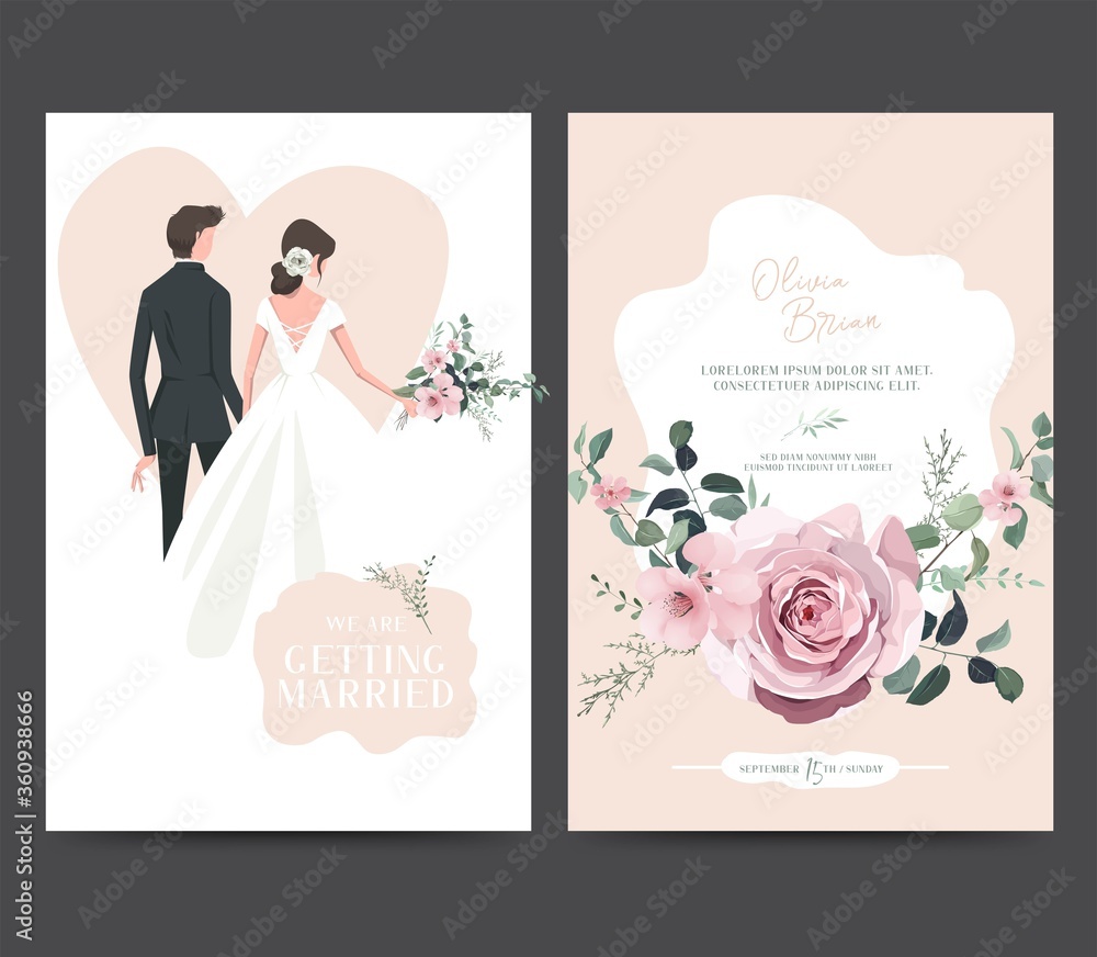 Wedding invitation design. Drawing bride and groom character, illustration, vector. Celebration, event, invitation, wedding dress, groom, romantic, pastel tones. Bridal flower bouquet, leave Wedding invitation design. Drawing bride and groom character, illustration, vector. Celebration, event, invitation, wedding dress, groom, romantic, pastel tones. Bridal flower bouquet, leave