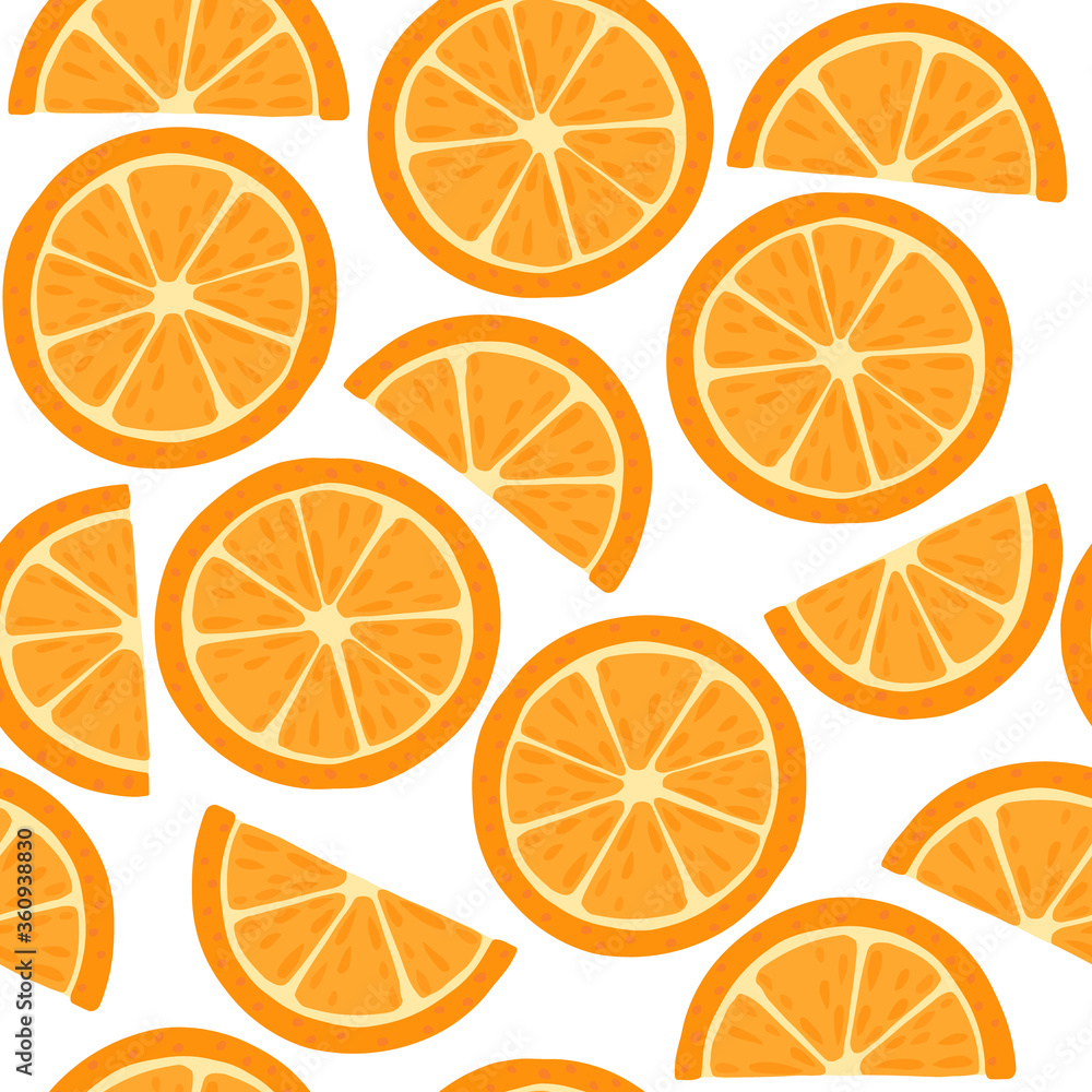 Seamless pattern of orange citrus fruit halved and sliced flat vector illustration Seamless pattern of orange citrus fruit halved and sliced flat vector illustration