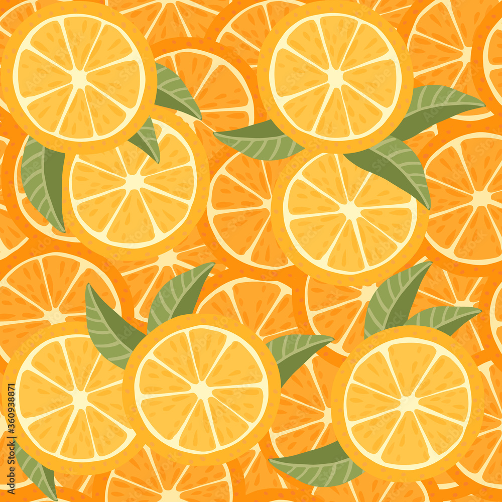 Seamless pattern of orange citrus fruit halved and sliced with green leaves flat vector illustration