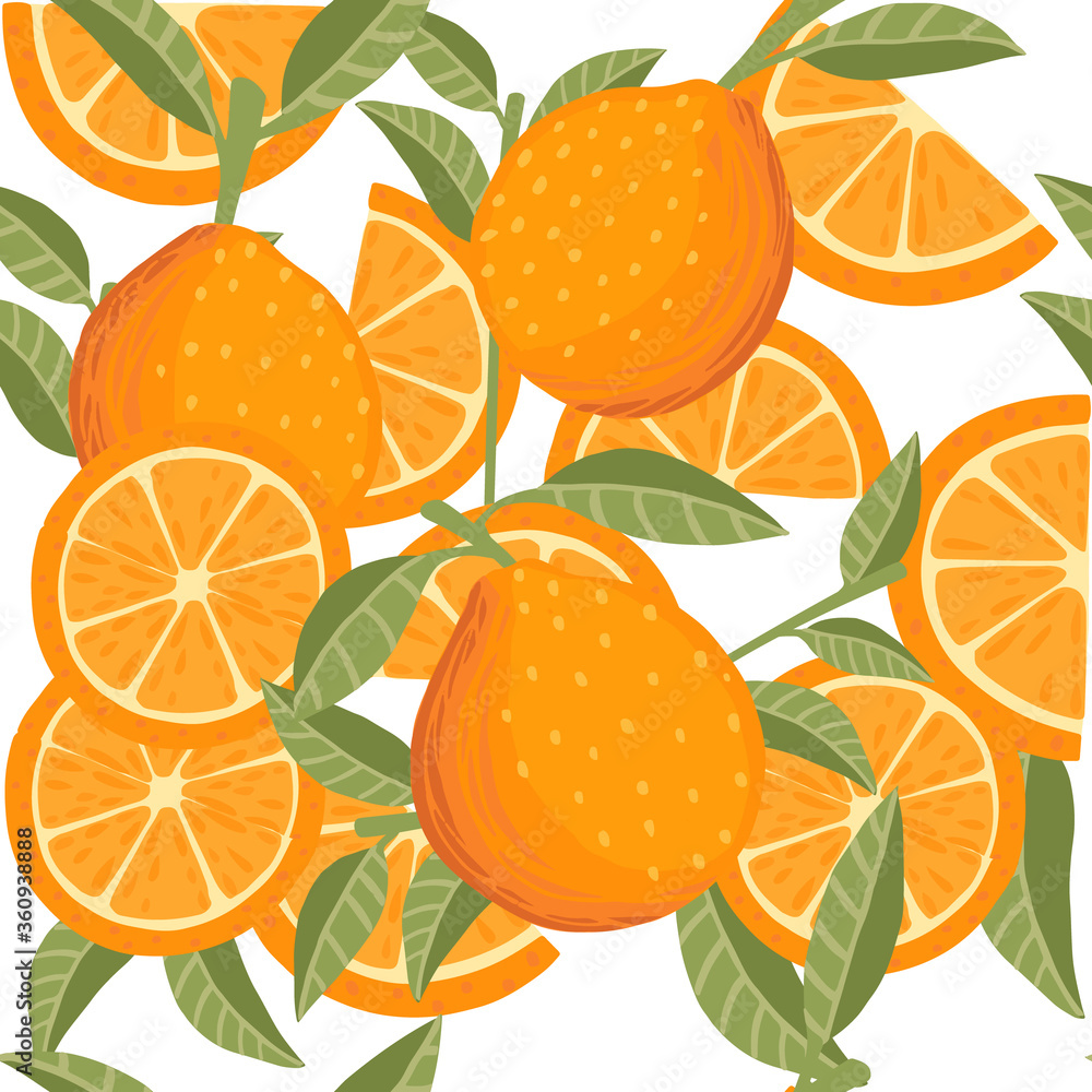 Seamless pattern of orange citrus yellow fruit whole halved and sliced with green leaves flat vector illustration on white background Seamless pattern of orange citrus yellow fruit whole halved and sliced with green leaves flat vector illustration on white background