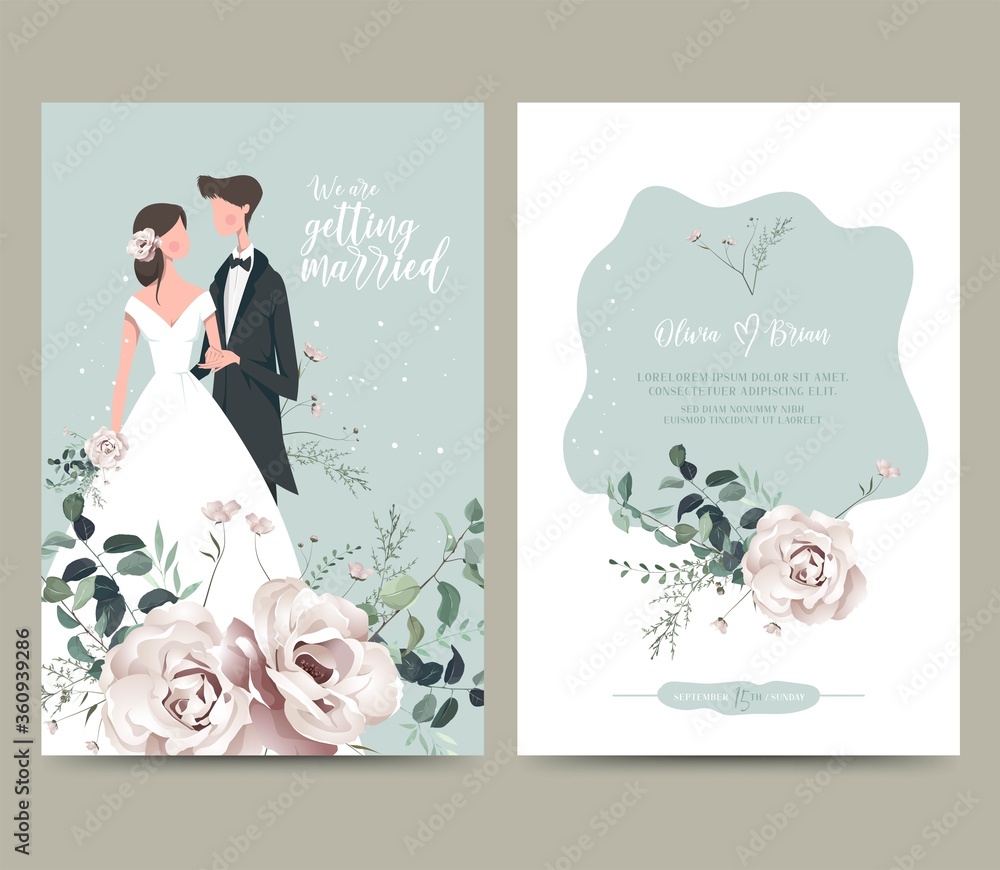 Wedding invitation design. Drawing bride and groom character, illustration, vector. Celebration, event, invitation, wedding dress, groom, romantic, pastel tones. Bridal flower bouquet, leave Wedding invitation design. Drawing bride and groom character, illustration, vector. Celebration, event, invitation, wedding dress, groom, romantic, pastel tones. Bridal flower bouquet, leave