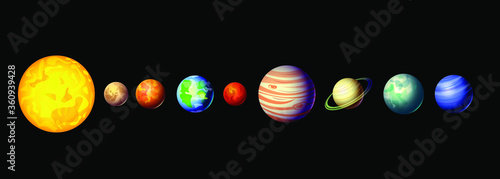 Sun and planets of the solar system set on a black background. Stock vector illustration.