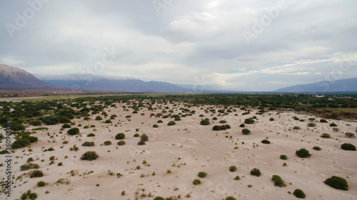 Aerial view of the arid desert, the sand and flora, under a cloudy sky. 
