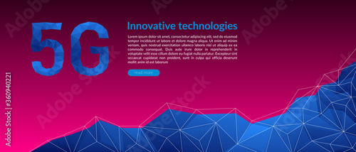 Web banner concept, 5th generation network technologies, 5G mobile wireless communications. Abstract blue geometric shapes in low poly style on a pink background. Place for text, button. Copyspace.