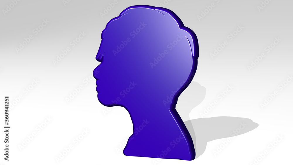 girl profile made by 3D illustration of a shiny metallic sculpture on a wall with light background. beautiful and woman