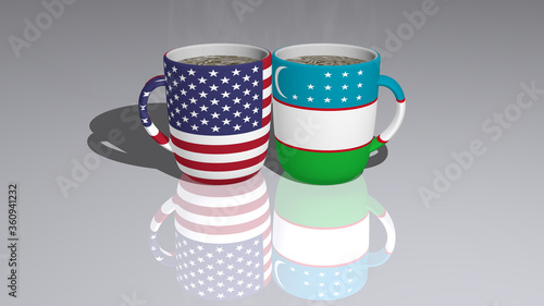 Relationship of presented by their national flags on cups of tea or coffee as editorial or commercial picture