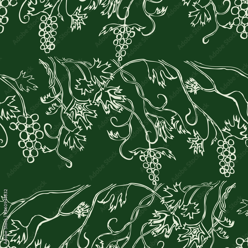 Fototapeta premium Seamless background of sketches vine with ripe grape bunches