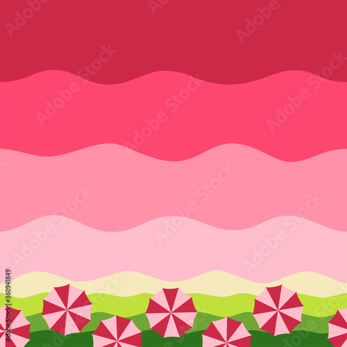 Summer colorful seamless pattern with bright, juicy watermelon style beach with umbrellas. Vector illustration.