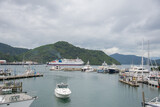 Marina in Picton, New Zealand on an overcast day.