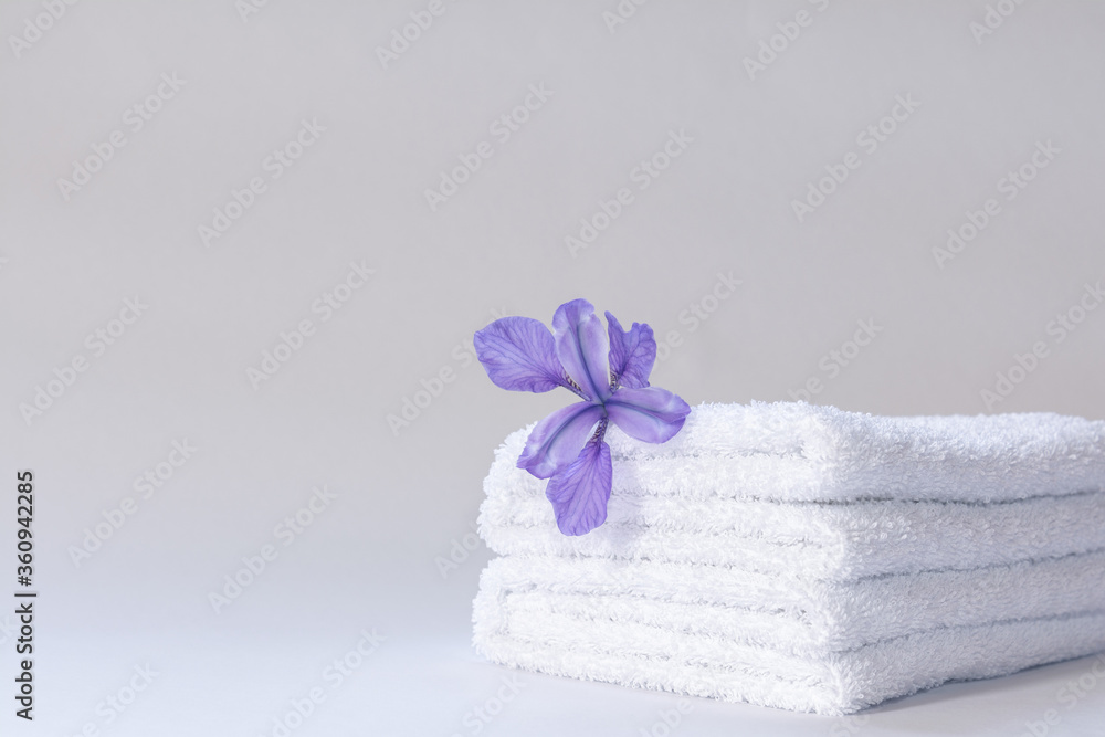 Two white neatly folded terry towels with a purple iris flower on a light background. Two white neatly folded terry towels with a purple iris flower on a light background.