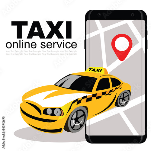 Online city taxi service. Vector image of a taxi car with a marker, on the background of urban buildings, the city.