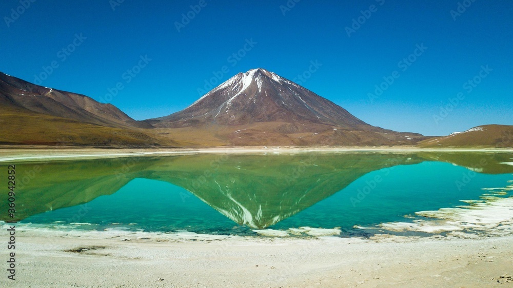 Laguna Verde and Licancabur Volcano, Bolivia. Green colored lake and volcano in the background in the Bolivian desert