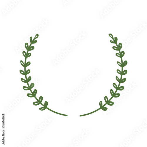 Laurel wreath of two green twigs pointing up. Laconic stylish frame, minimal style. A border of branches and leaves. Vector illustration. 
Open circle laurel wreath. Copy space. 