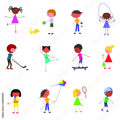Different children play. Various activities of children. Isolated vector images on a white background in a flat style. A set of children's activities.