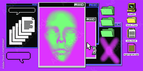Surreal retrofuturistic vaporwave style background with user interface elements: console terminal window, folder icons.