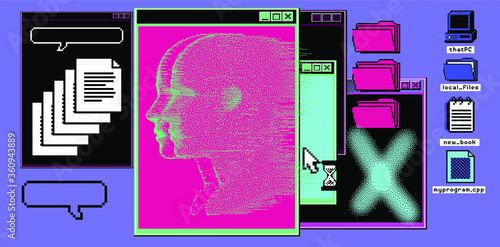 Surreal retrofuturistic vaporwave style background with user interface elements: console terminal window, folder icons.