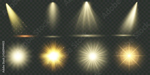 Light effect. Vector shining golden bright light. Set of flashes, lights and sparks. Abstract golden lights isolated on a transparent background. Bright gold flashes and glares. Vector illustration photo