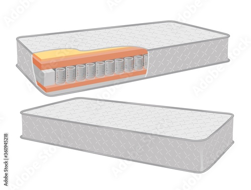 Two options - a mattress in a section with springs and a mattress completely. White orthopedic with springs mattress. Vector isolated image. You can use it to advertise your products.