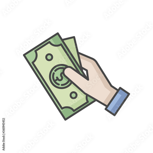 Hand hold money RGB color icon. Cash for client. Business revenue. Employee salary. Bank benefit. Charge cash. Handout dollar. Arm with payout. Corruption and bribery. Isolated vector illustration