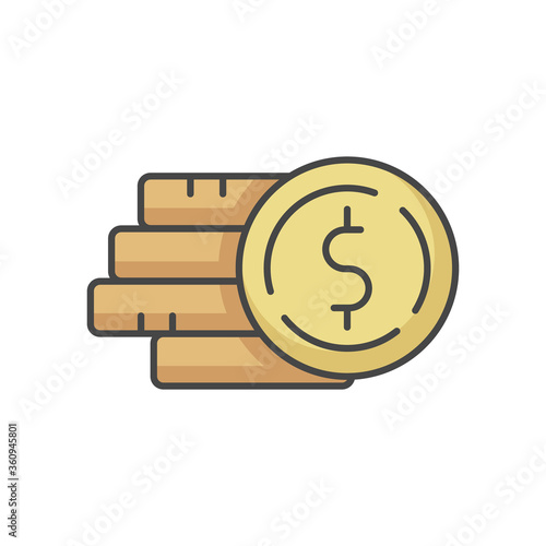 Pile of money RGB color icon. Stack of gold coins. Monetary gain. Dollar currency to pay credit. Financial operation. Bank benefit. Commercial profit. Revenue for payment. Isolated vector illustration