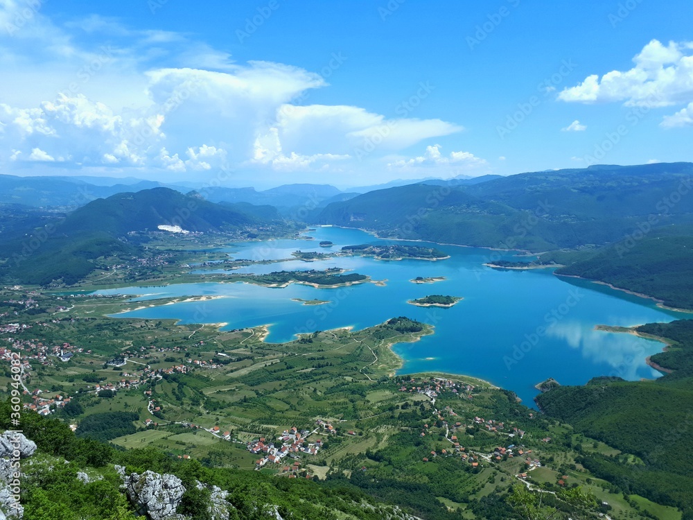 Scenic blue lake panorama from above