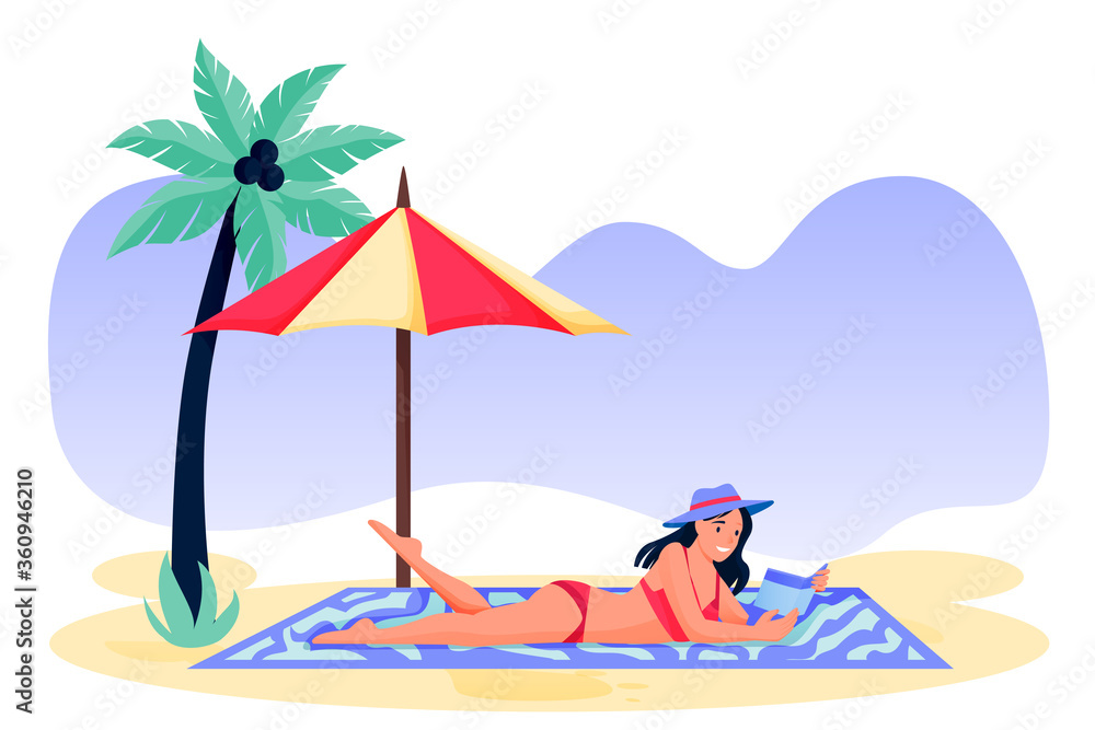 Woman lying on sand and reading book. Young girl in red bikini on beach. Vector flat cartoon character illustration
