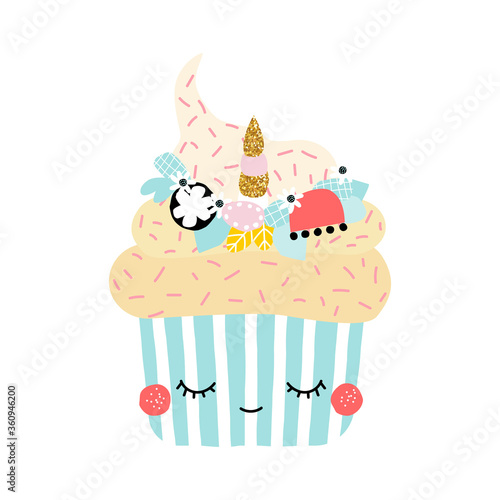 Funny muffin unicorn. Childish graphic. Vector had drawn illustration.