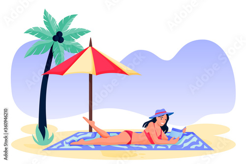 Woman lying on sand and reading book. Young girl in red bikini on beach. Vector flat cartoon character illustration