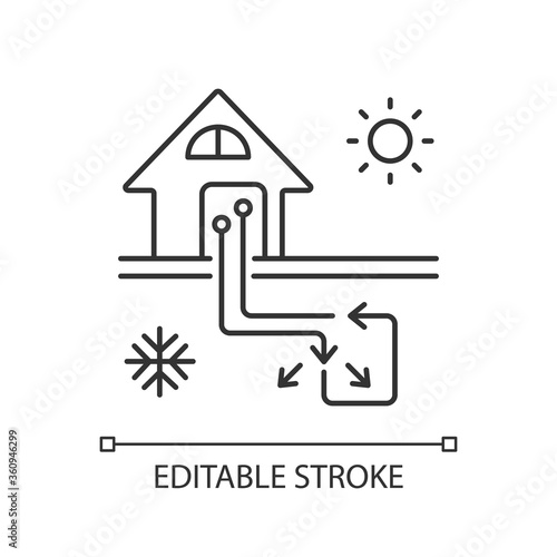 Geothermal heating and cooling system linear icon. Sustainable house conditioning thin line customizable illustration. Contour symbol. Vector isolated outline drawing. Editable stroke