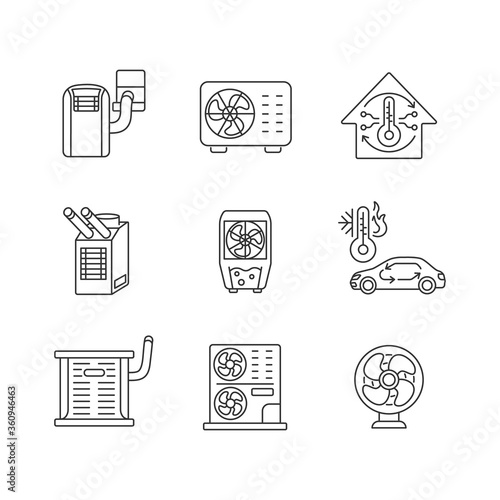 Air cooling and heating linear icons set. Domestic environment ventilation сustomizable thin line contour symbols. Air temperature control. Isolated vector outline illustrations. Editable stroke