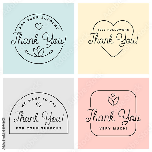 Set of badges with thank you graphics and design elements vector labels and logo for gratitude, branding, advertisement
