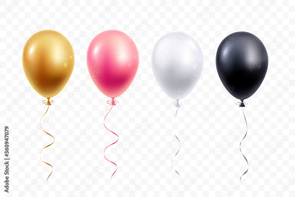 Realistic balloons collection isolated on transparent background. Gold, pink, white and black helium balloon with ribbon. Design element for party, grand open, wedding, etc. Vector illustration. Realistic balloons collection isolated on transparent background. Gold, pink, white and black helium balloon with ribbon. Design element for party, grand open, wedding, etc. Vector illustration.