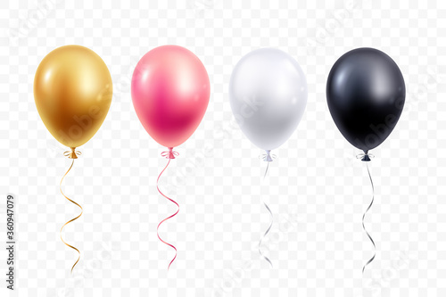 Realistic balloons collection isolated on transparent background. Gold, pink, white and black helium balloon with ribbon. Design element for party, grand open, wedding, etc. Vector illustration.