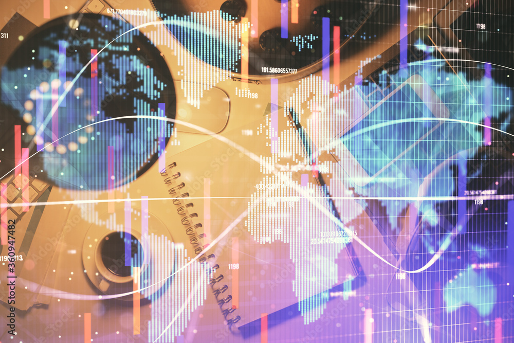 Multi exposure of business theme drawing and work table top veiw. Concept of international finance. Multi exposure of business theme drawing and work table top veiw. Concept of international finance.