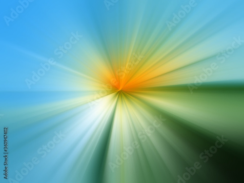 Abstract green-blue zoom effect background. Digital image. Rays of green, blue, yellow light. Colorful radial blur, fast motion scaling speed, sun rays or starburst.