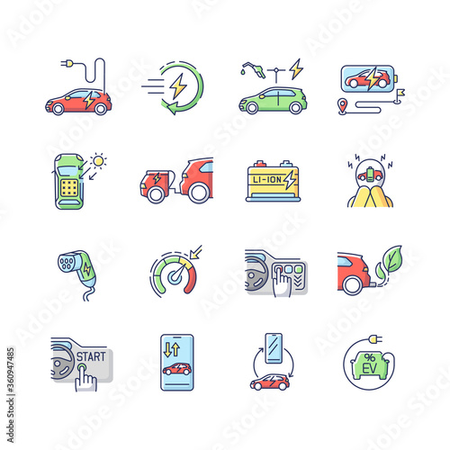 Electric car RGB color icons set. Environmentally safe automobile, alternative transport. Modern technology, electric motor vehicles. Isolated vector illustrations
