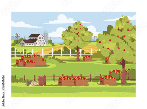 Farm with fruit trees semi flat vector illustration. Fresh apple harvest in caskets. Garden outside ranch. Rural lifestyle, summer greenery. Farmland 2D cartoon landscape for commercial use