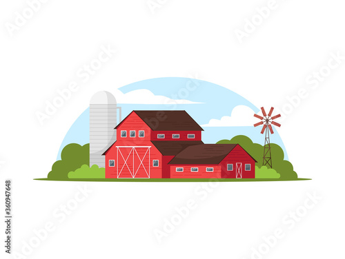 Classic red farmhouse semi flat vector illustration. Silo tower beside willa. Windmill on countryside ranch. Local agricultural business. Farm 2D cartoon object for commercial use