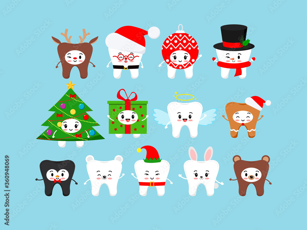 Chistmas cute teeth icon set in carnival costume isolated. Xmas white tooth character - santa, deer, elf, christmas ball, tree, angel, giengerbread man, bunny. Flat design cartoon vector illustration.