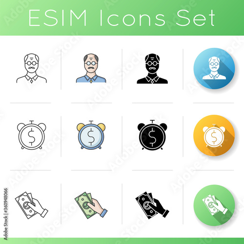Pesion fund icons set. Middle age businessman. Pesion budget. Retirement fund. Money handout for elder man. Credit for senior. Linear, black and RGB color styles. Isolated vector illustrations
