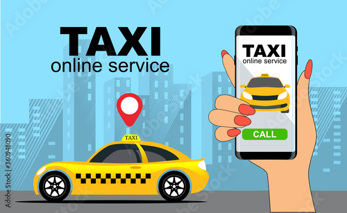 Taxi. City online taxi service. Vector image of a car and smartphone on a background of urban buildings.