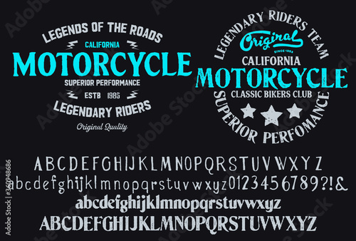 Motorcycle club community logo design.Decorative  font. Letters, Numbers and Symbols. Vector Illustration.