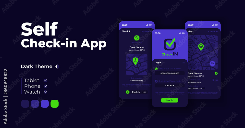 Fototapeta premium Social check in app cartoon smartphone interface vector templates set. Mobile app screen page night mode design. Log in screen and city maps UI for application. Phone display with flat illustrations