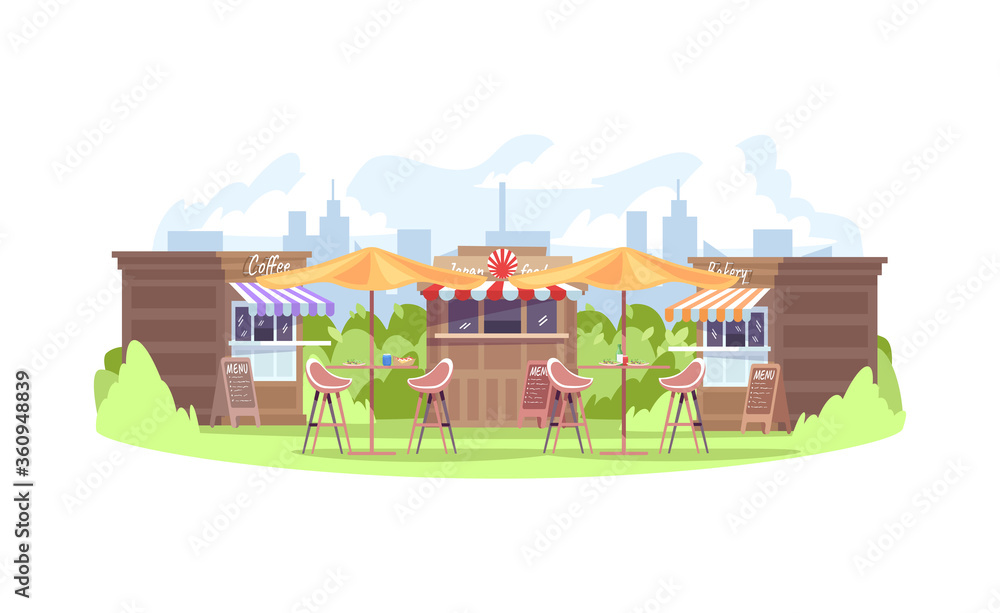 Food fest semi flat vector illustration. Counters with fastfood. Seasonal market with stores and shops. Fair in urban park. Summer food court 2D cartoon cityscape for commercial use