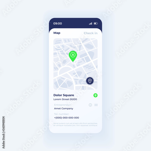 GPS navigation app smartphone interface vector template. Mobile app page light theme design layout. Checked place info screen. Flat UI for application. Map and location description on phone display