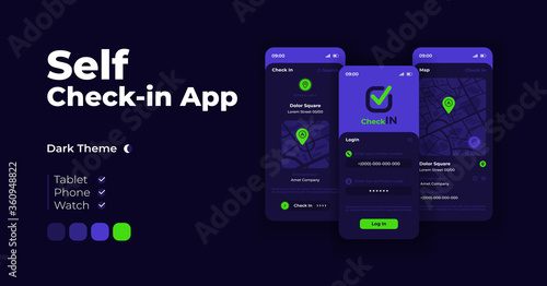 Social check in app cartoon smartphone interface vector templates set. Mobile app screen page night mode design. Log in screen and city maps UI for application. Phone display with flat illustrations