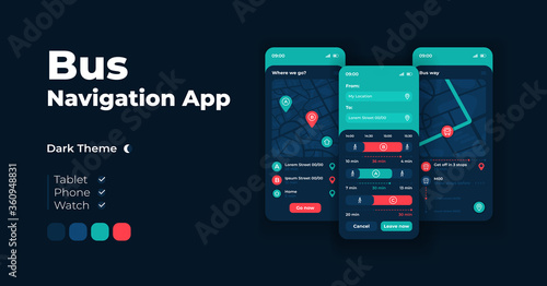 Bus traffic navigation cartoon smartphone interface vector templates set. Mobile app screen page night mode design. Passenger transport routes UI for application. Phone display with flat illustration